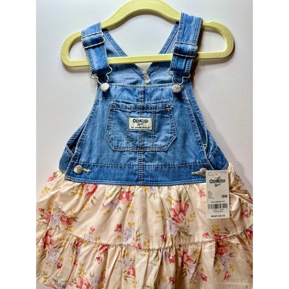 OshKosh Bgosh Baby Girls Denim Floral Tiered Overall Dress 18M NWT